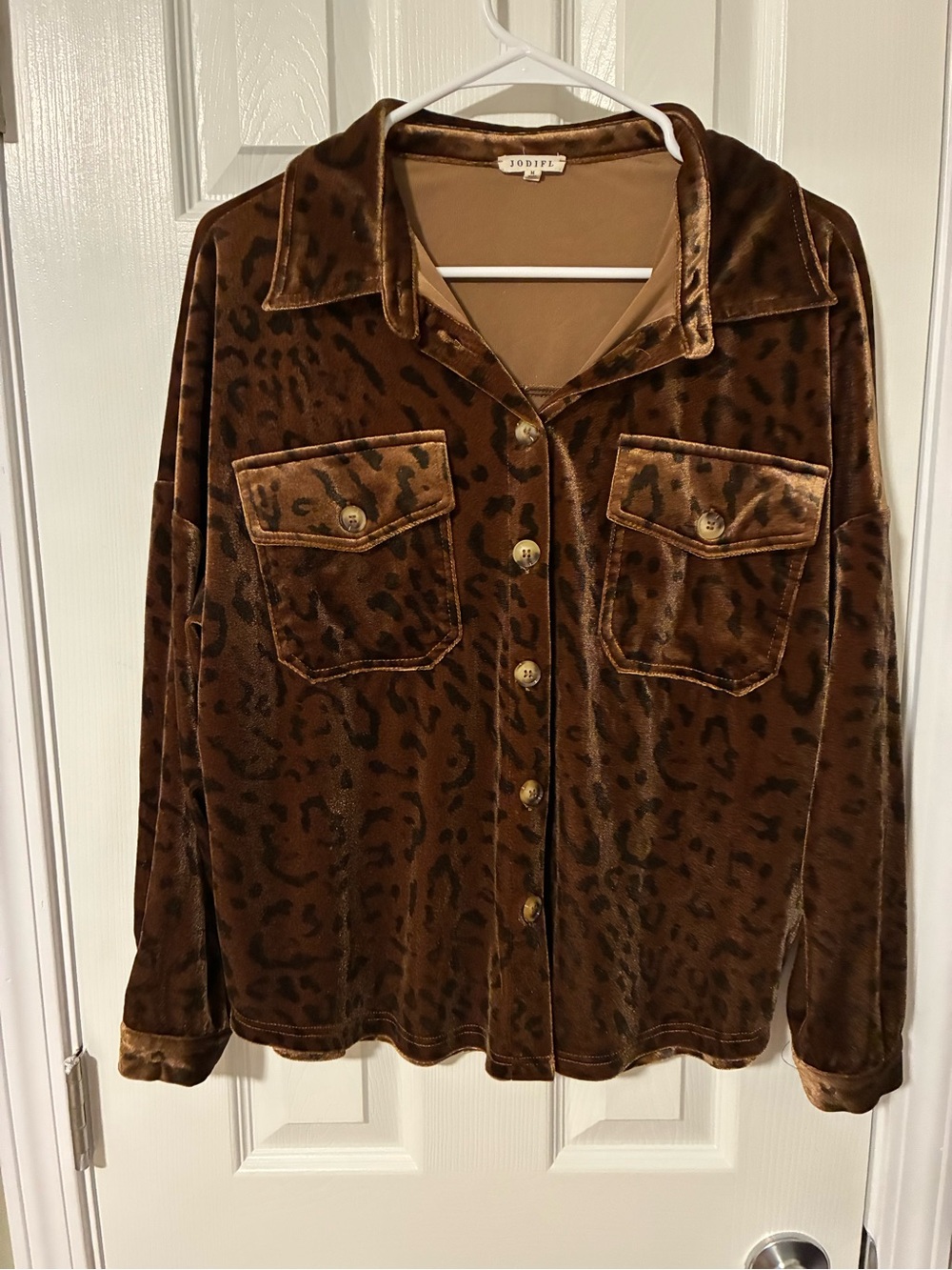 JODIFL Brown Velvet Leopard-Trim Shirt Jacket